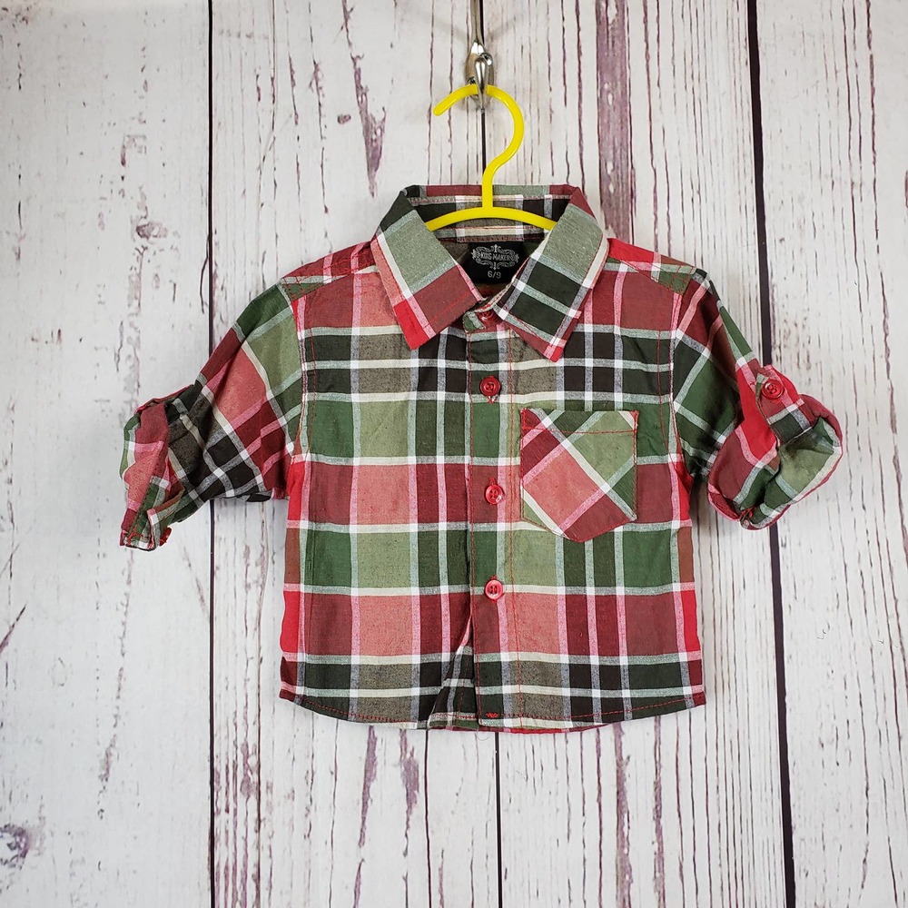 King Maker Button Down SHirt Boys Size 6/9M Plaid Roll Tab Sleeves Red